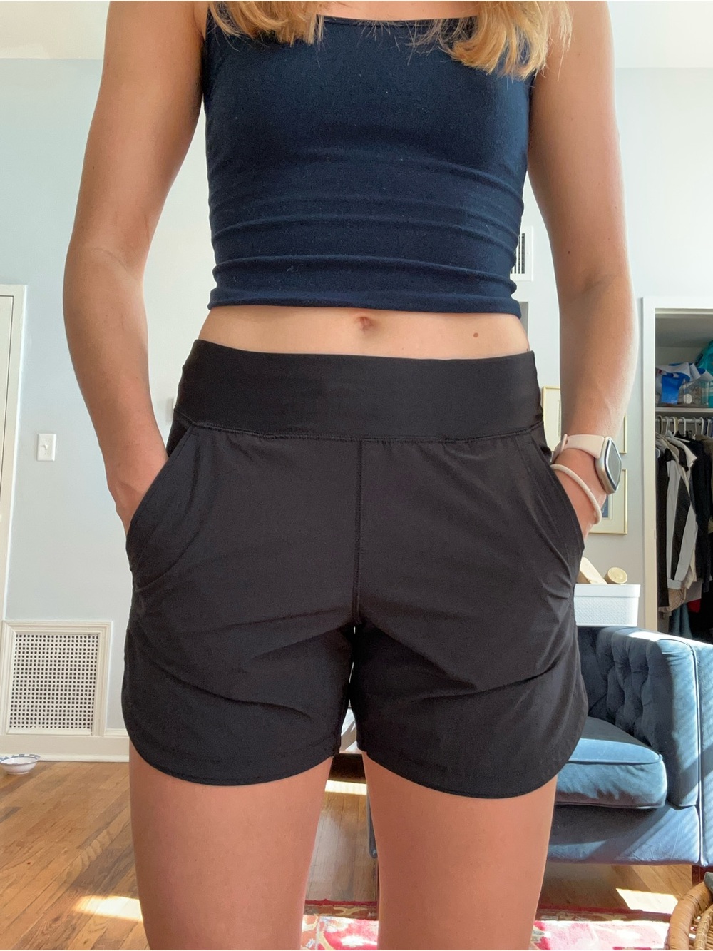 Mid length Lands' End Black Athletic Shorts with Side Pockets